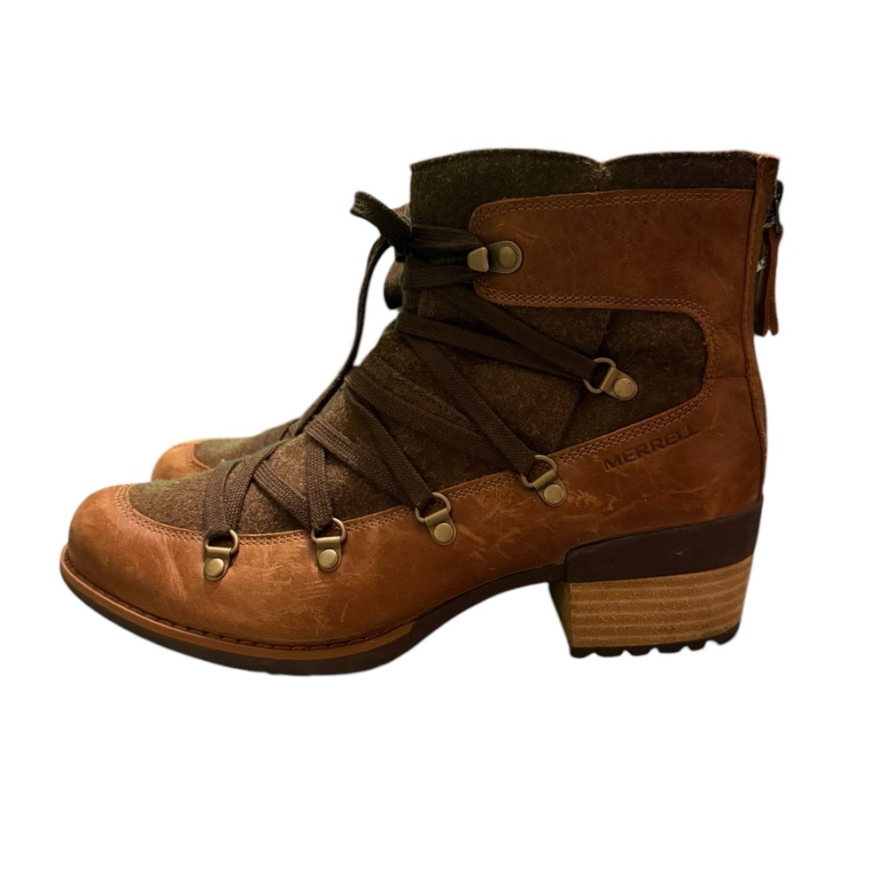 MERRELL OAK BROWN LACE UP LEATHER & FELT BOOTS SHILOH